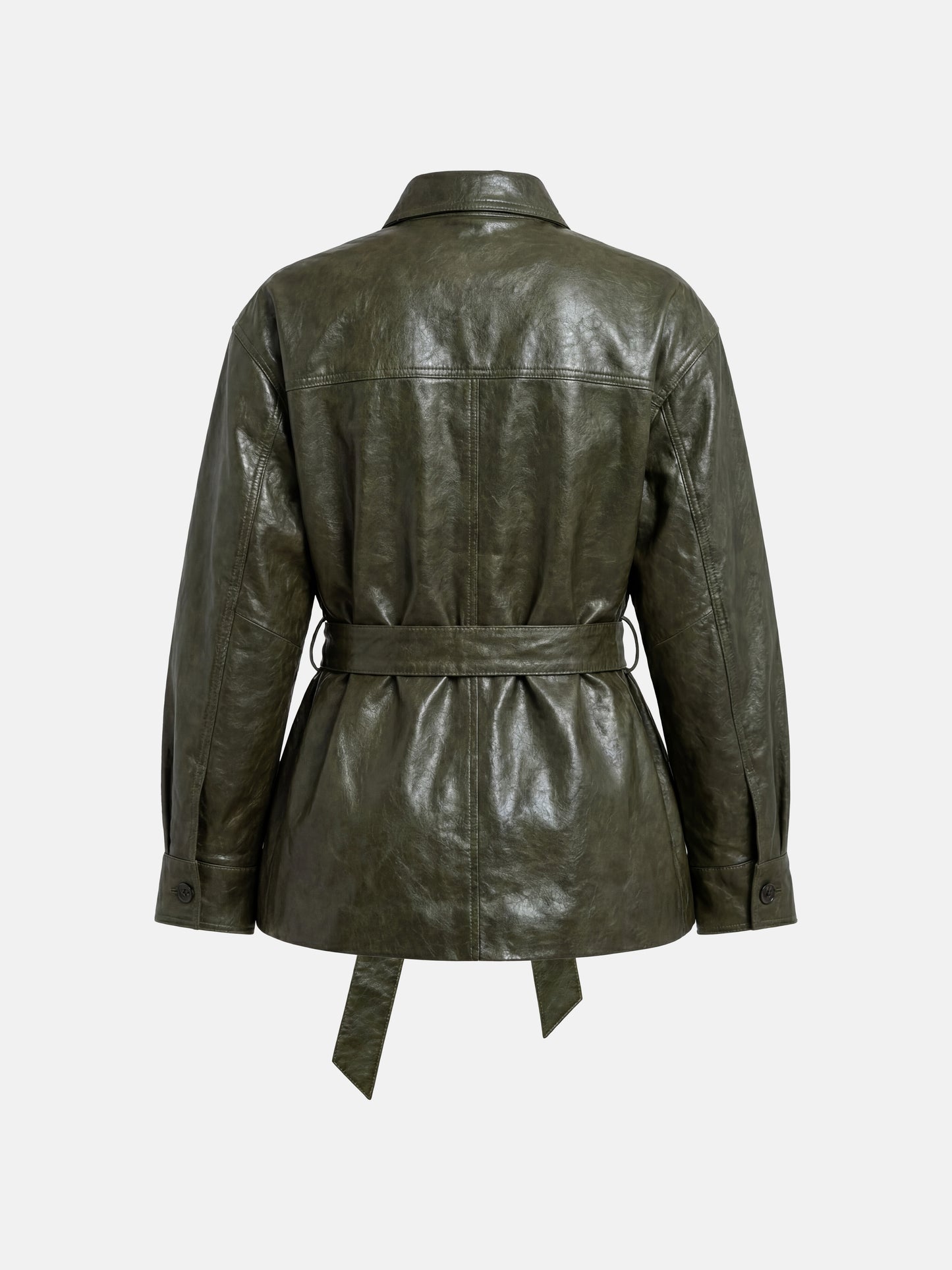 Olive lambskin belted shirt jacket with straight shoulders, cinched waist, and mid-thigh length, shown in motion.