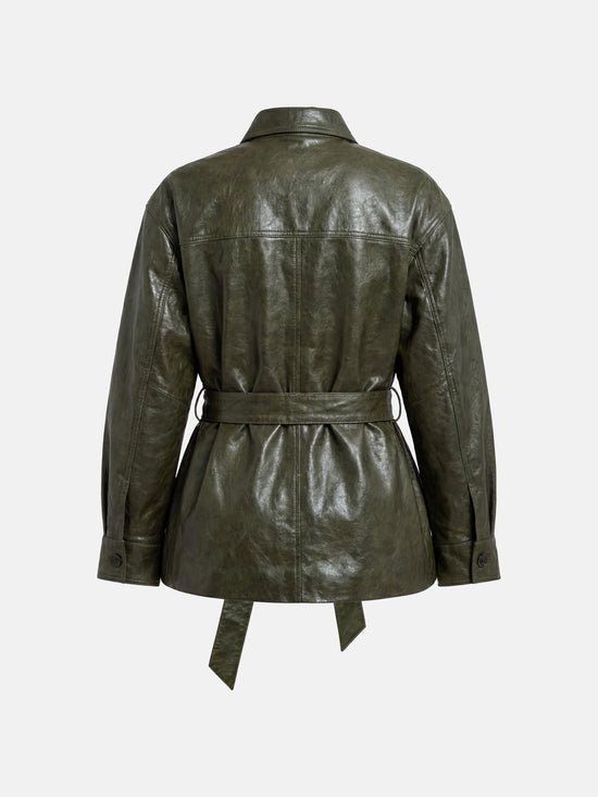 Olive lambskin belted shirt jacket with straight shoulders, cinched waist, and mid-thigh length, shown in motion.