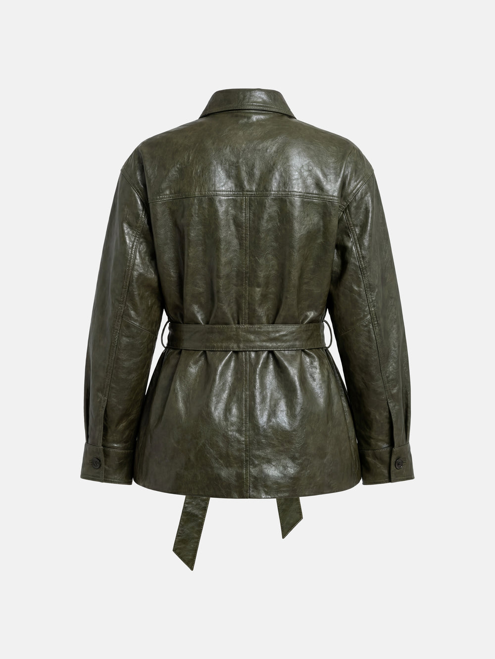 Veste chemise ceinturée en cuir d'agneau olive — on model