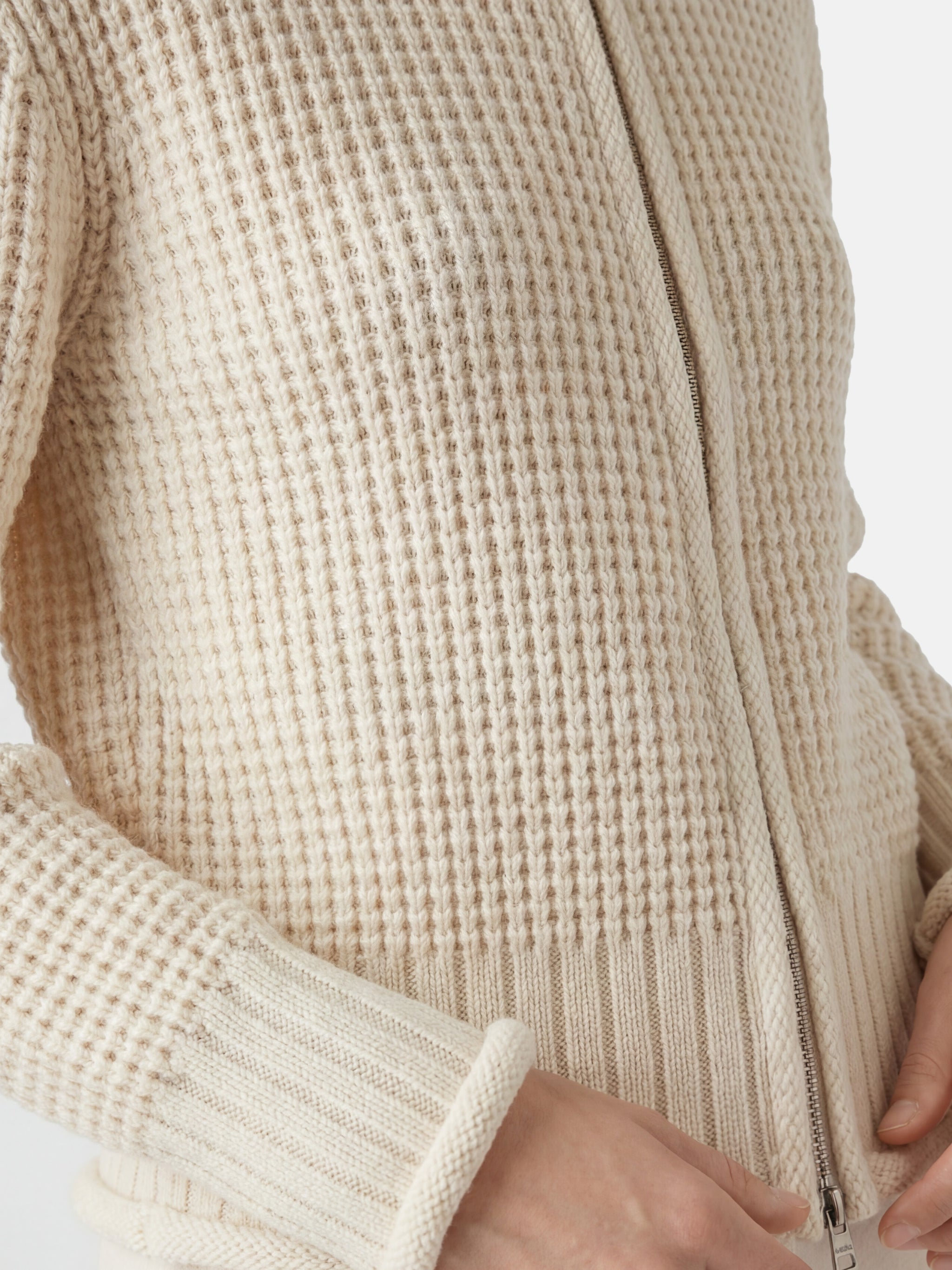 SELVANE Cashmere Waffle Zip Cardigan in a refined waffle knit, featuring a stand collar and full-zip closure.