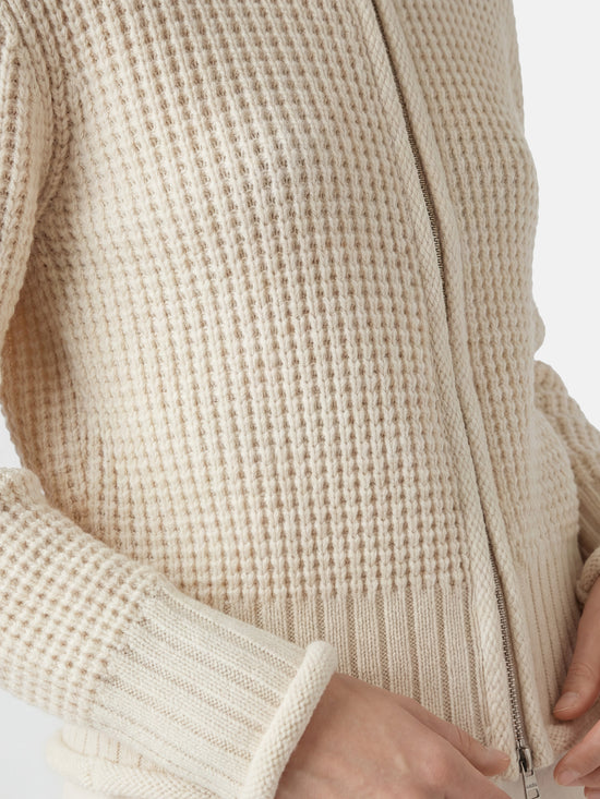 SELVANE Cashmere Waffle Zip Cardigan in a refined waffle knit, featuring a stand collar and full-zip closure.
