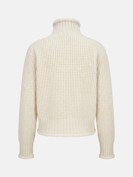 SELVANE Cashmere Waffle Zip Cardigan in a refined waffle knit, featuring a stand collar and full-zip closure.