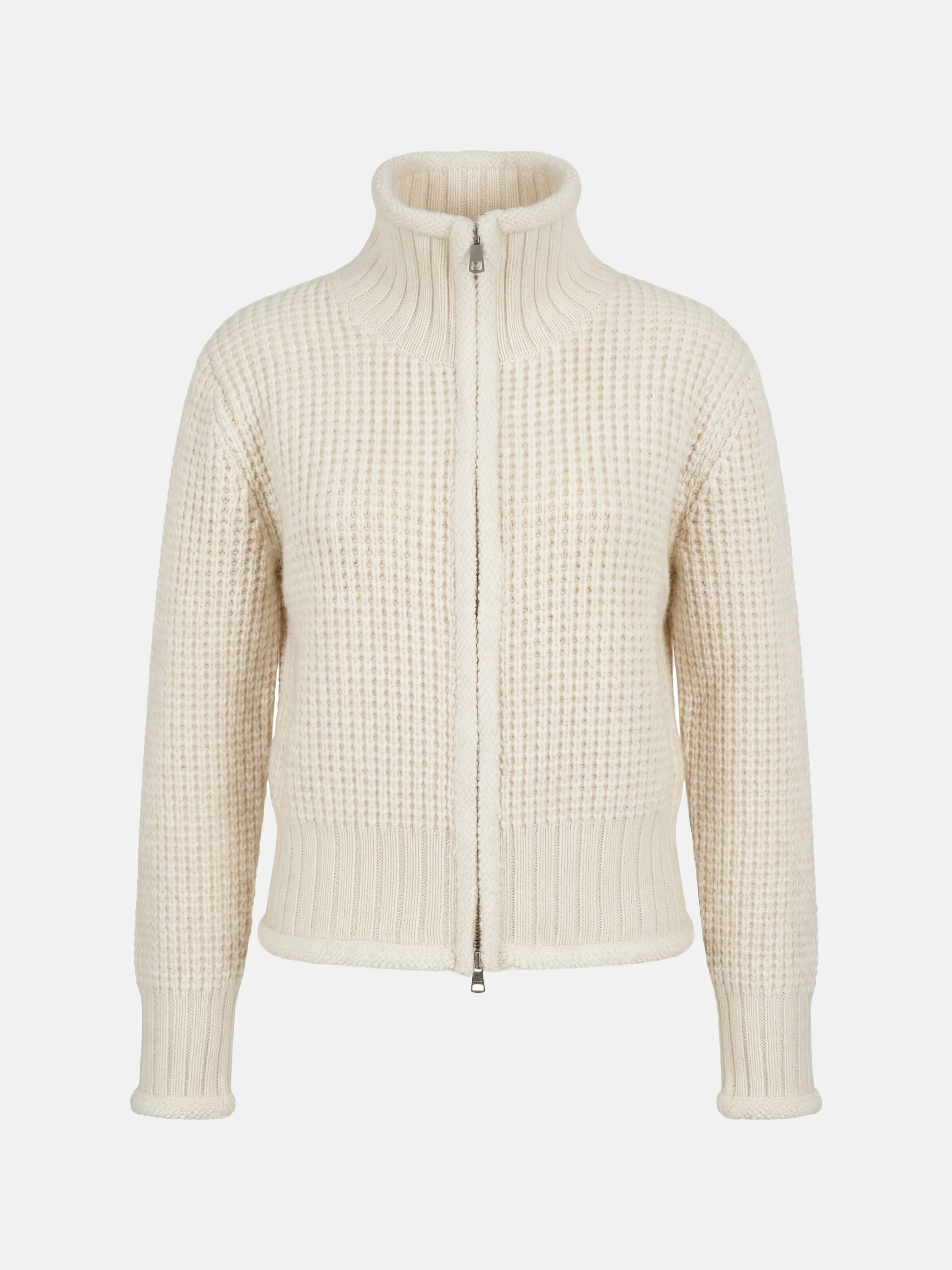 SELVANE Cashmere Waffle Zip Cardigan in a refined waffle knit, featuring a stand collar and full-zip closure.