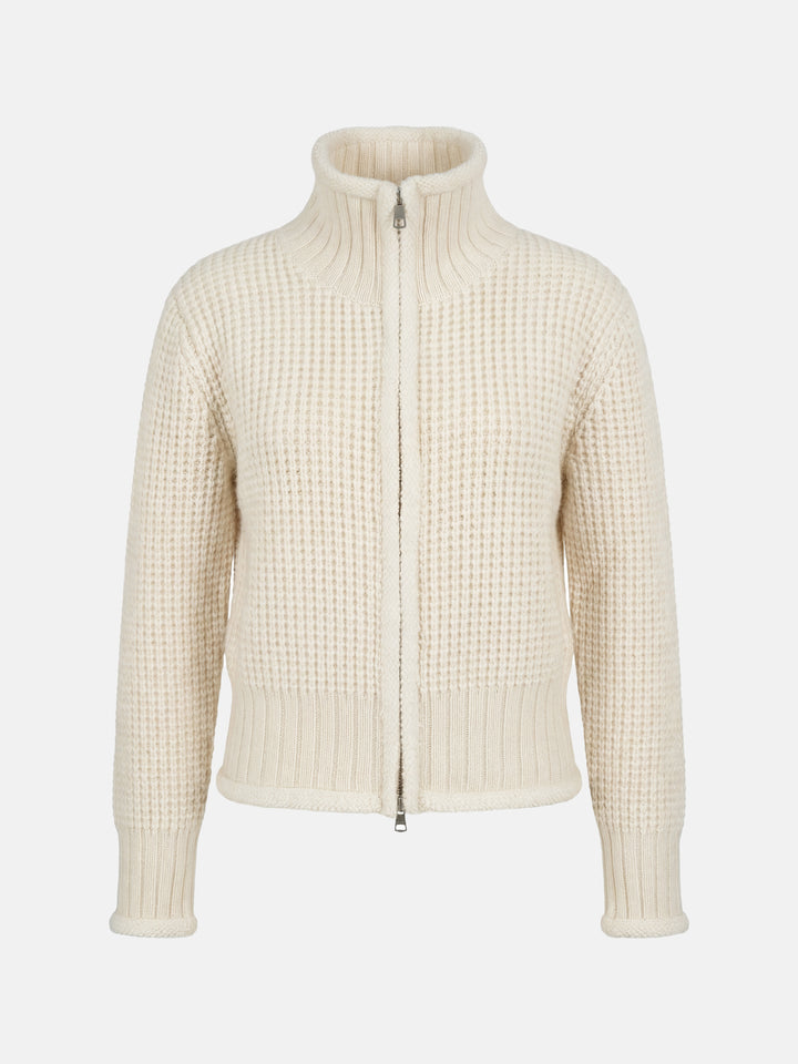 SELVANE Cashmere Waffle Zip Cardigan in a refined waffle knit, featuring a stand collar and full-zip closure.