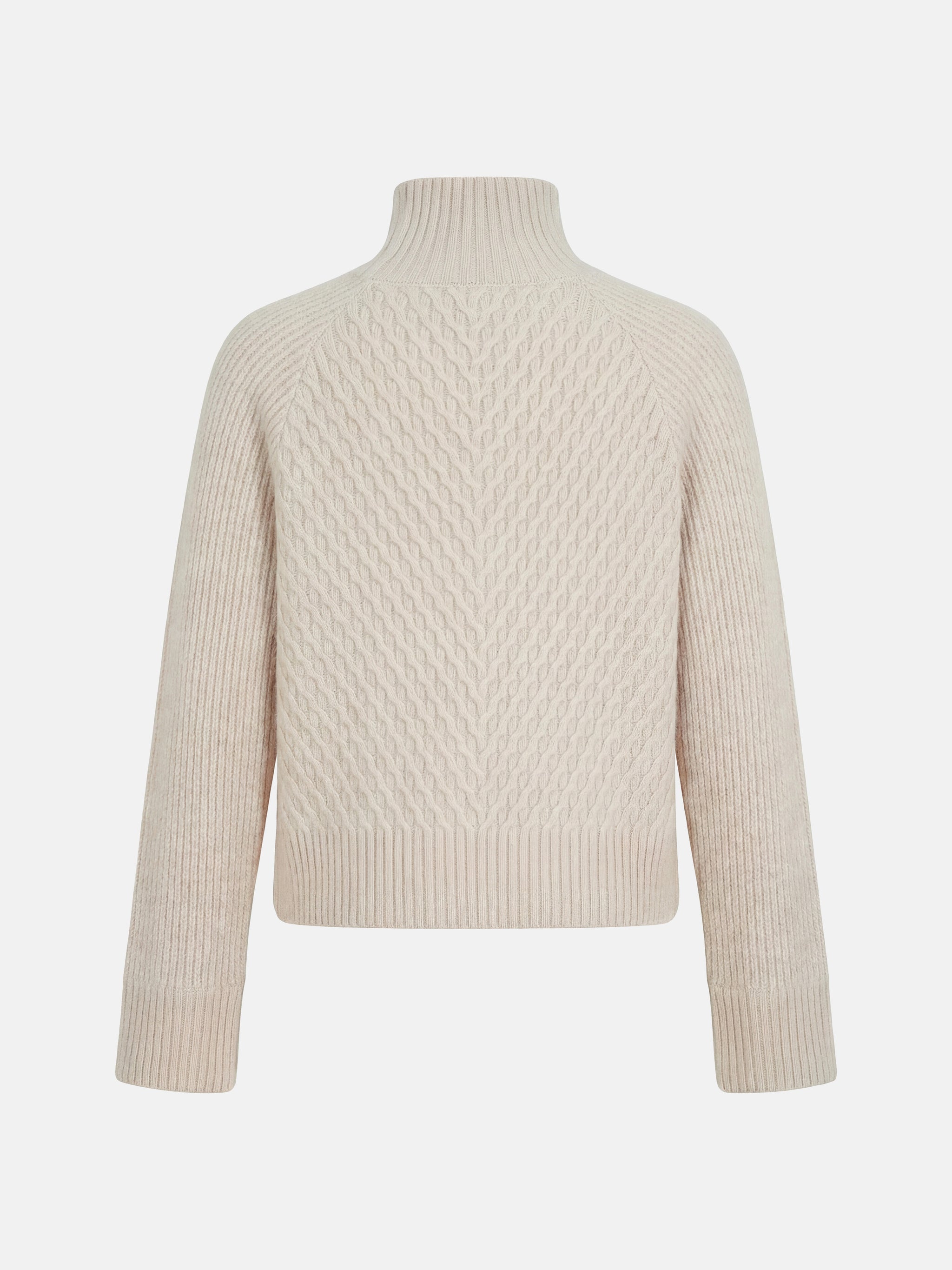 SELVANE Cable Cashmere Turtleneck Sweater in a natural hue, showcasing its refined centered cable panel, structured neckline, and relaxed fit.