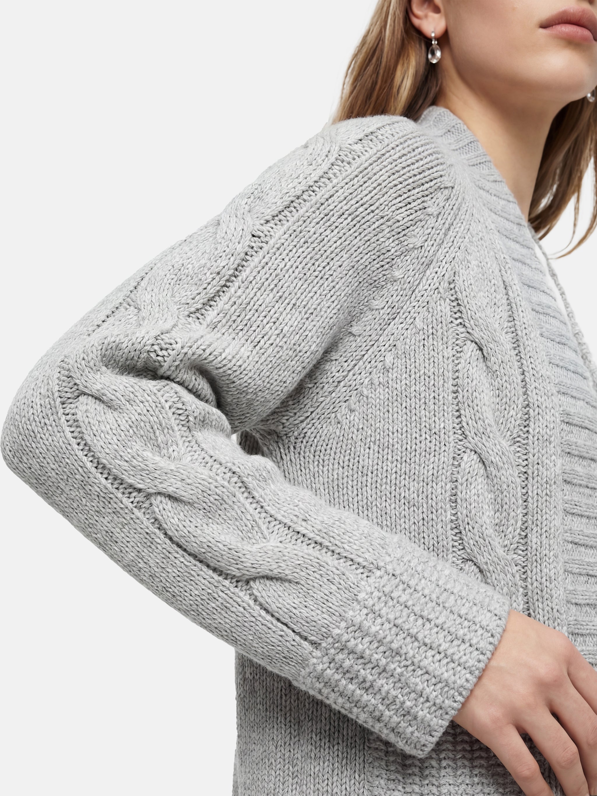 SELVANE Cashmere Cable Shawl Cardigan in a relaxed, open-front silhouette with distinctive cable-knit sleeves.