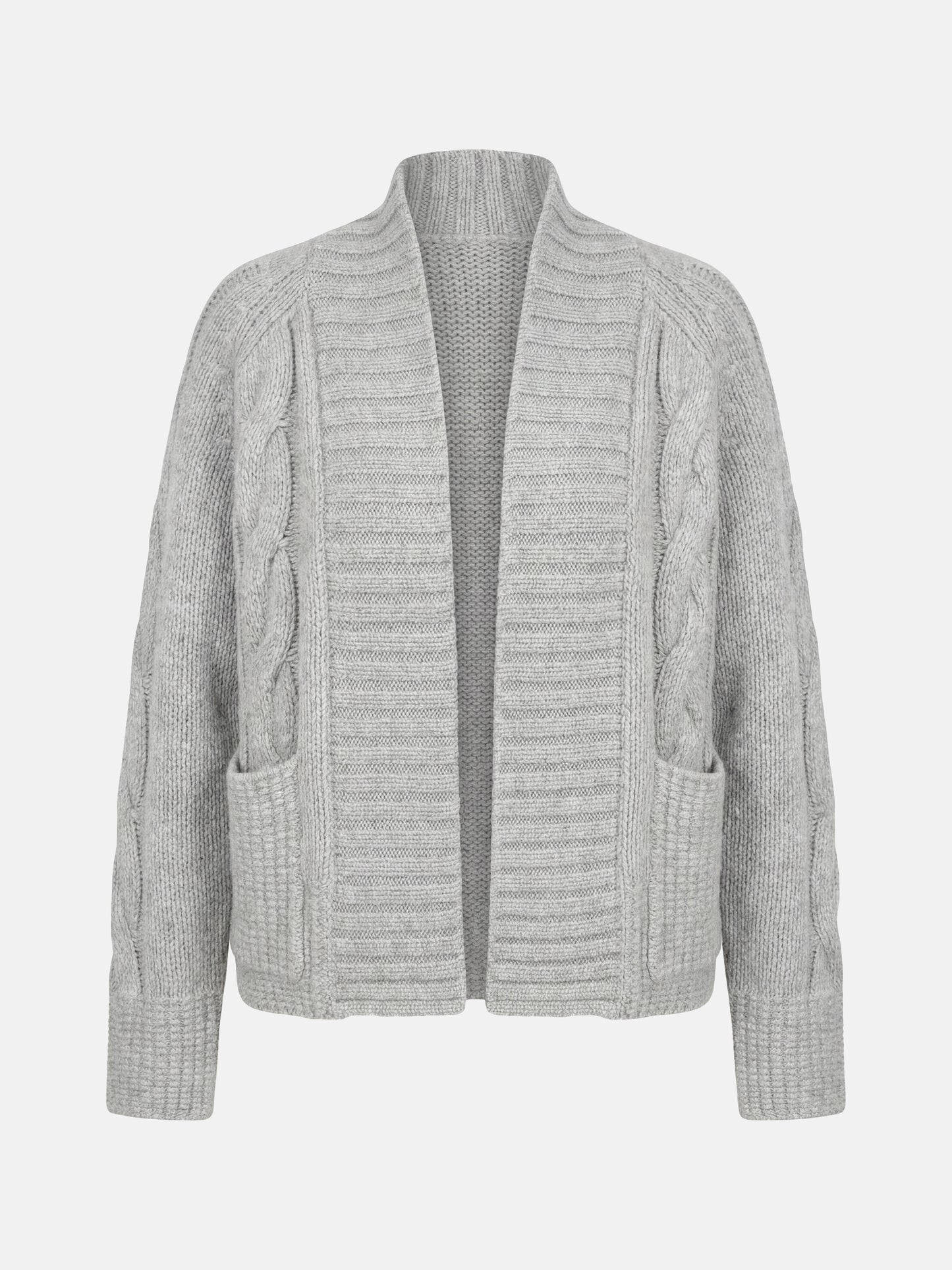 SELVANE Cashmere Cable Shawl Cardigan in a relaxed, open-front silhouette with distinctive cable-knit sleeves.