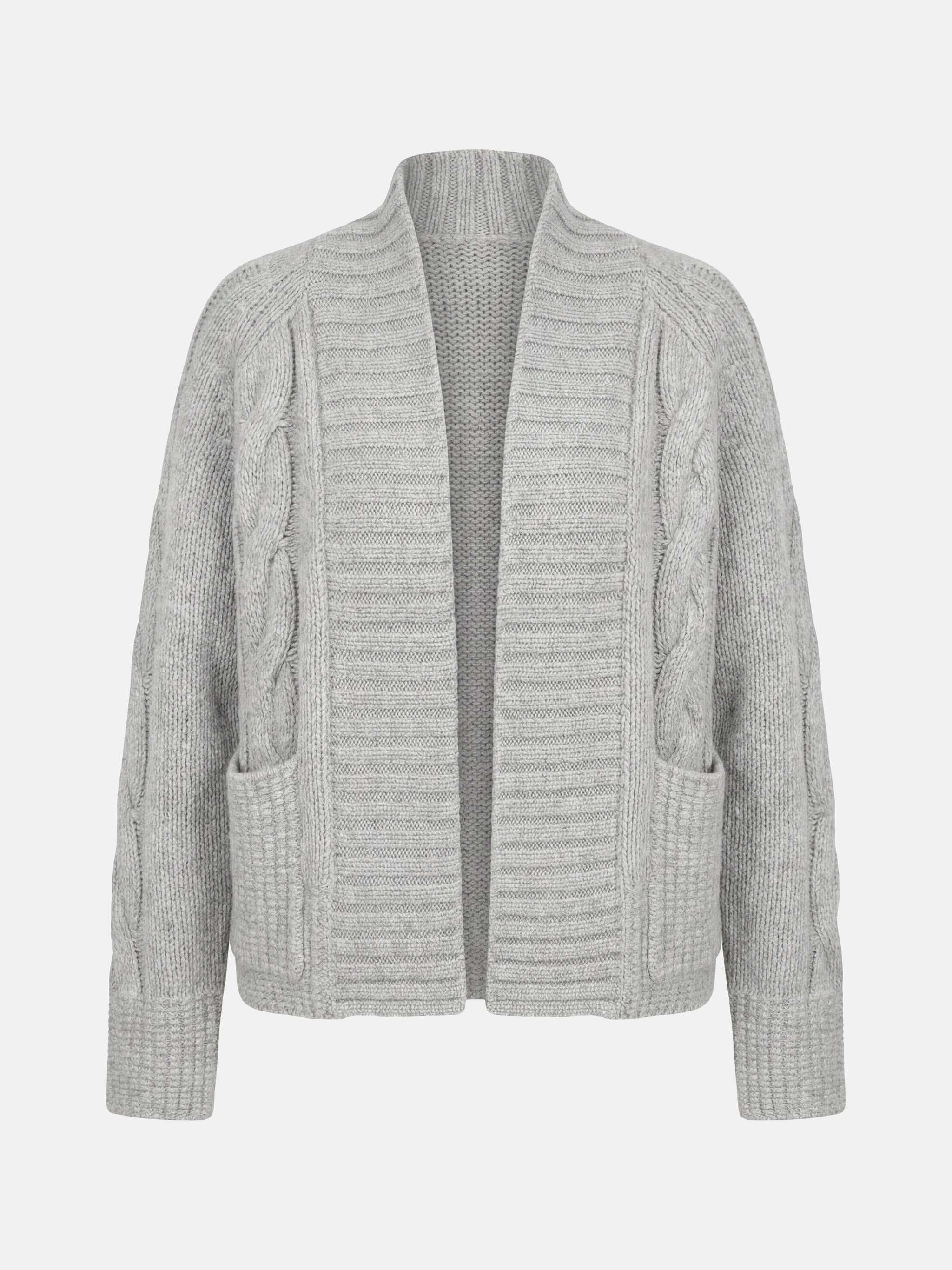 SELVANE Cashmere Cable Shawl Cardigan in a relaxed, open-front silhouette with distinctive cable-knit sleeves.