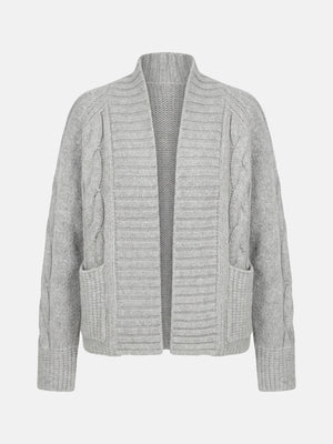 SELVANE Cashmere Cable Shawl Cardigan in a relaxed, open-front silhouette with distinctive cable-knit sleeves.