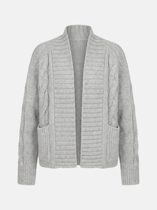 SELVANE Cashmere Cable Shawl Cardigan in a relaxed, open-front silhouette with distinctive cable-knit sleeves.