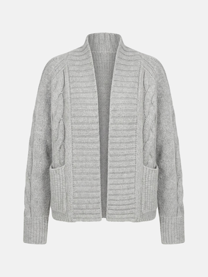 SELVANE Cashmere Cable Shawl Cardigan in a relaxed, open-front silhouette with distinctive cable-knit sleeves.