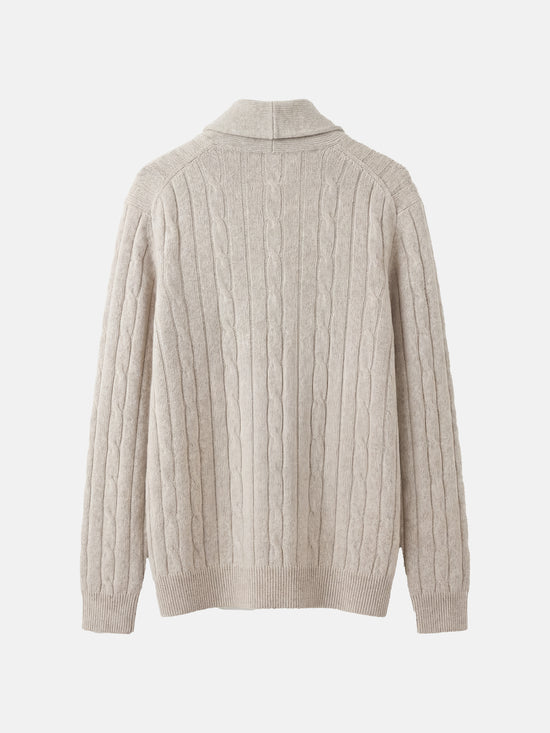 SELVANE Cable-Knit Shawl-Collar Cashmere Sweater in a rich, natural hue, showcasing its vertical rib-and-cable texture and relaxed fit.