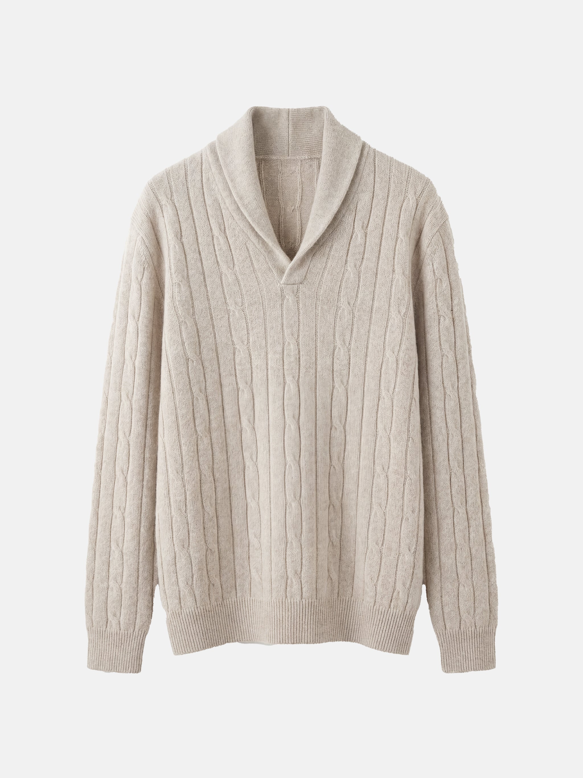 SELVANE Cable-Knit Shawl-Collar Cashmere Sweater in a rich, natural hue, showcasing its vertical rib-and-cable texture and relaxed fit.
