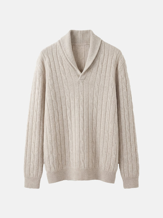 SELVANE Cable-Knit Shawl-Collar Cashmere Sweater in a rich, natural hue, showcasing its vertical rib-and-cable texture and relaxed fit.