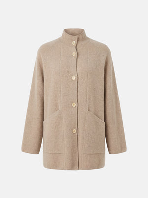 SELVANE longline cashmere stand-collar cardigan coat in a relaxed fit, featuring clean button front and generous patch pockets.