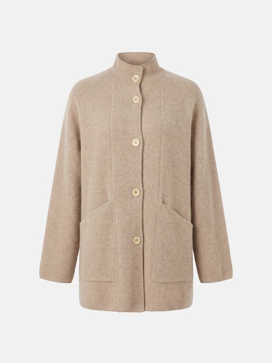 SELVANE longline cashmere stand-collar cardigan coat in a relaxed fit, featuring clean button front and generous patch pockets.