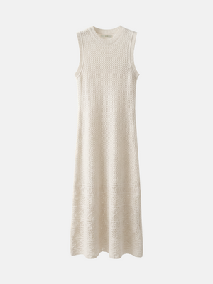 SELVANE Cashmere Open-Knit Sleeveless Maxi Dress in a natural setting, showcasing its elongated fall and airy texture.