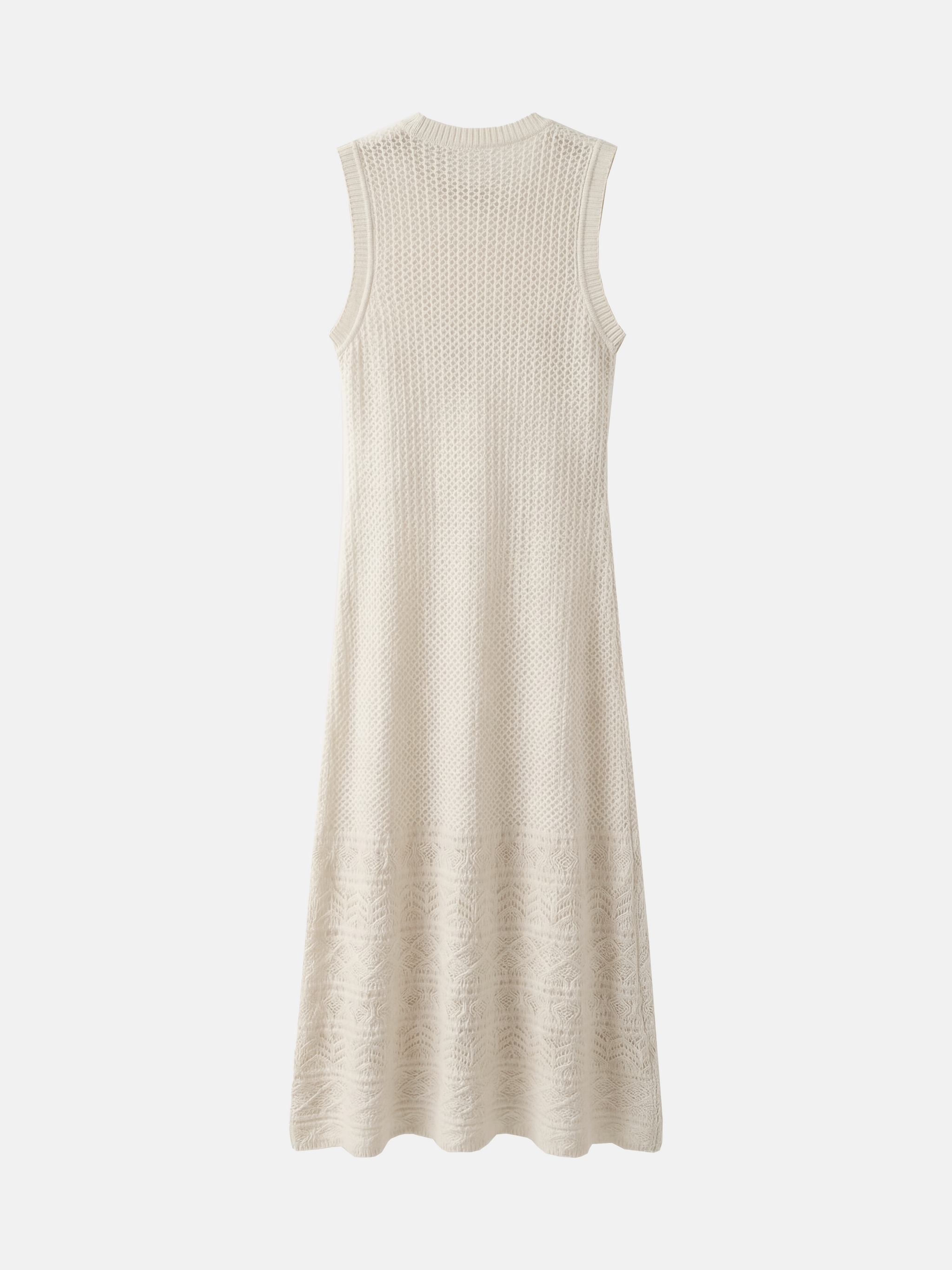 SELVANE Cashmere Open-Knit Sleeveless Maxi Dress in a natural setting, showcasing its elongated fall and airy texture.