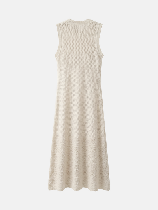 SELVANE Cashmere Open-Knit Sleeveless Maxi Dress in a natural setting, showcasing its elongated fall and airy texture.