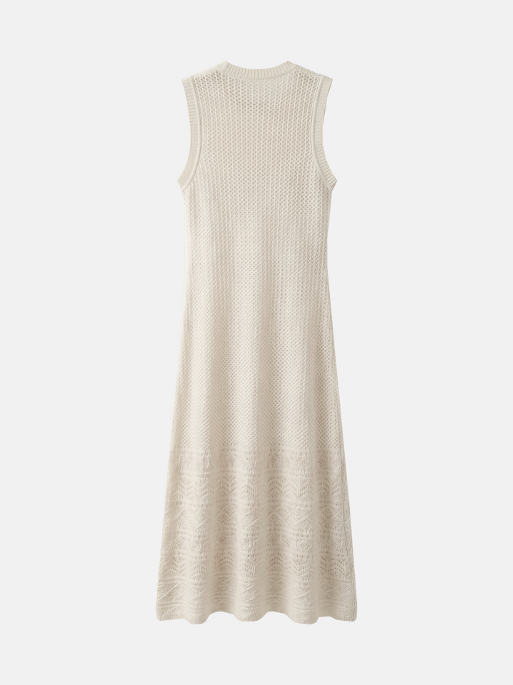 SELVANE Cashmere Open-Knit Sleeveless Maxi Dress in a natural setting, showcasing its elongated fall and airy texture.