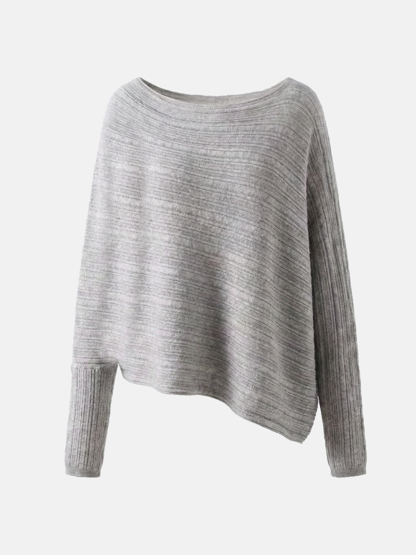 Cashmere draped knit top in grey with wide boat neckline and asymmetric hem, showcasing fluid motion and refined rib sleeves.