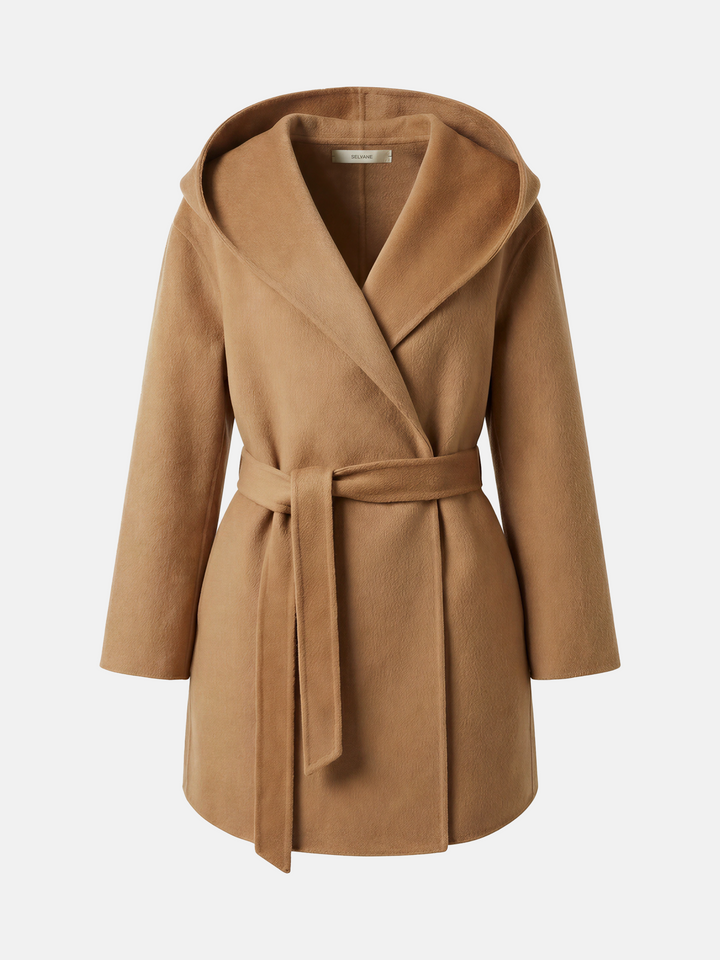 SELVANE Wool-Cashmere Hooded Belted Coat in a relaxed fit, featuring a wrap front and self-tie belt, shown on a model.