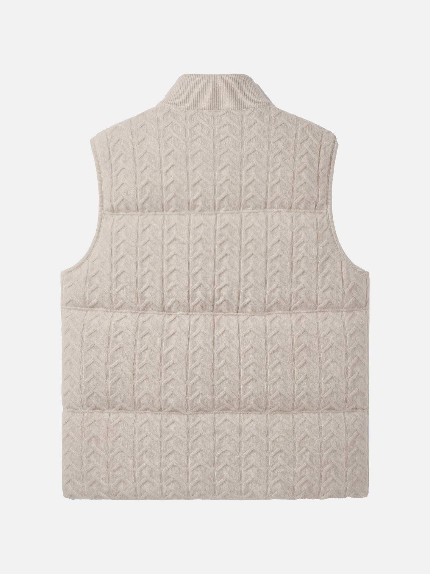 SELVANE zip-front cashmere vest with stand collar and subtle cable texture, shown layered for crisp silhouette.