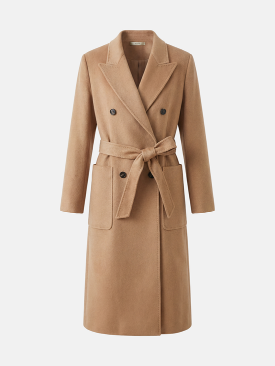 SELVANE Belted Double-Breasted Cashmere Coat in a long, clean silhouette with sharp peak lapels and self-belt.