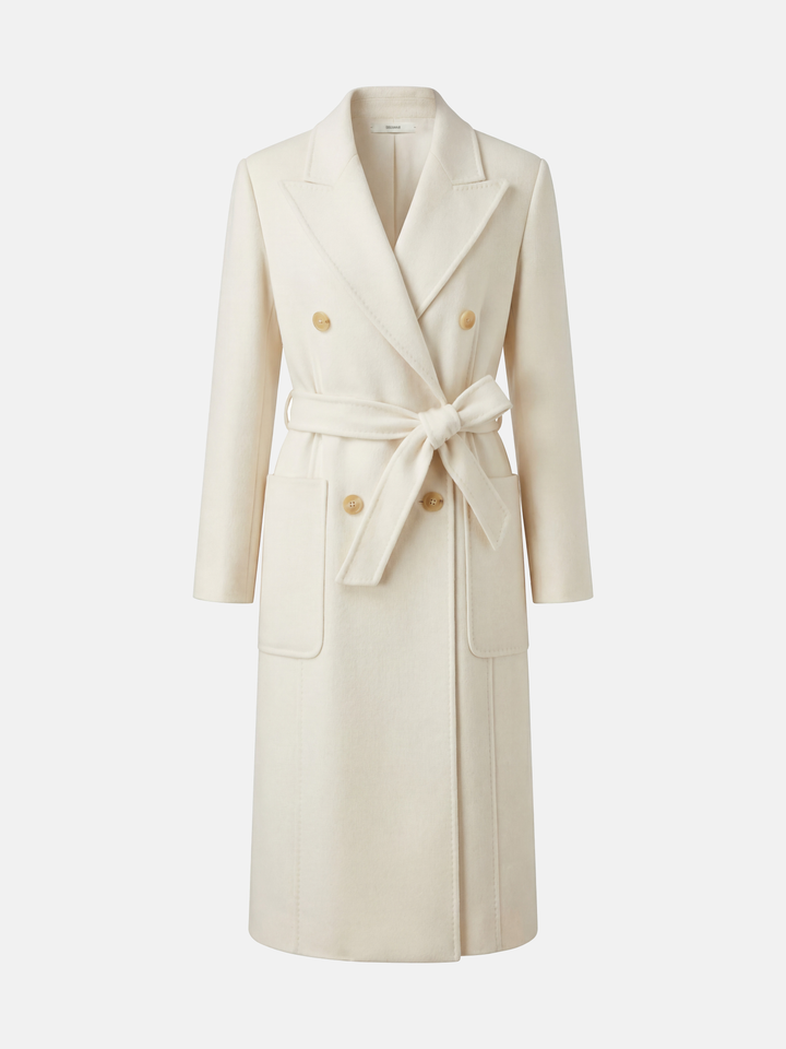 SELVANE Belted Double-Breasted Cashmere Coat in a long, clean silhouette with sharp peak lapels and self-belt.