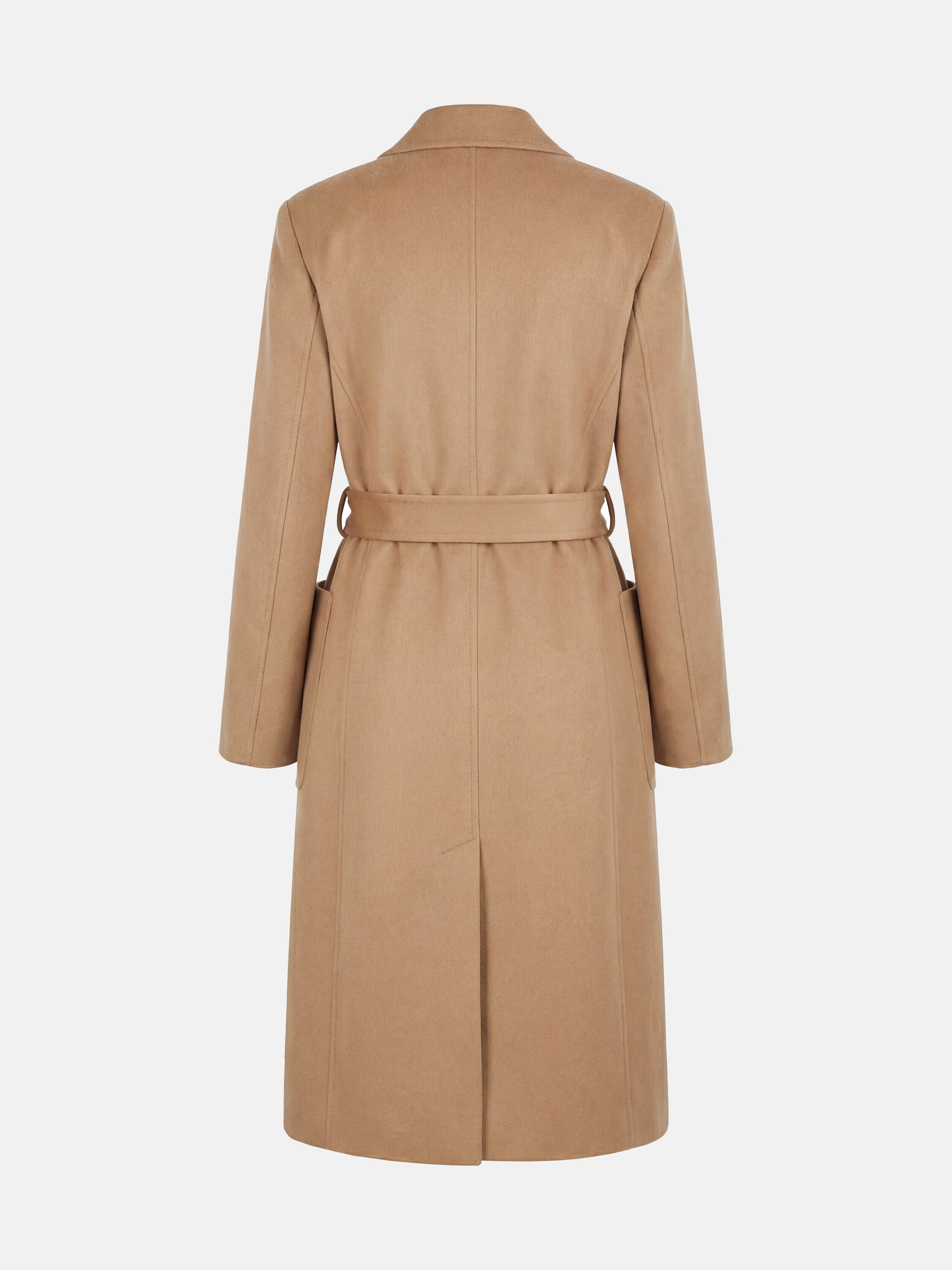 SELVANE Belted Double-Breasted Cashmere Coat in a long, clean silhouette with sharp peak lapels and self-belt.