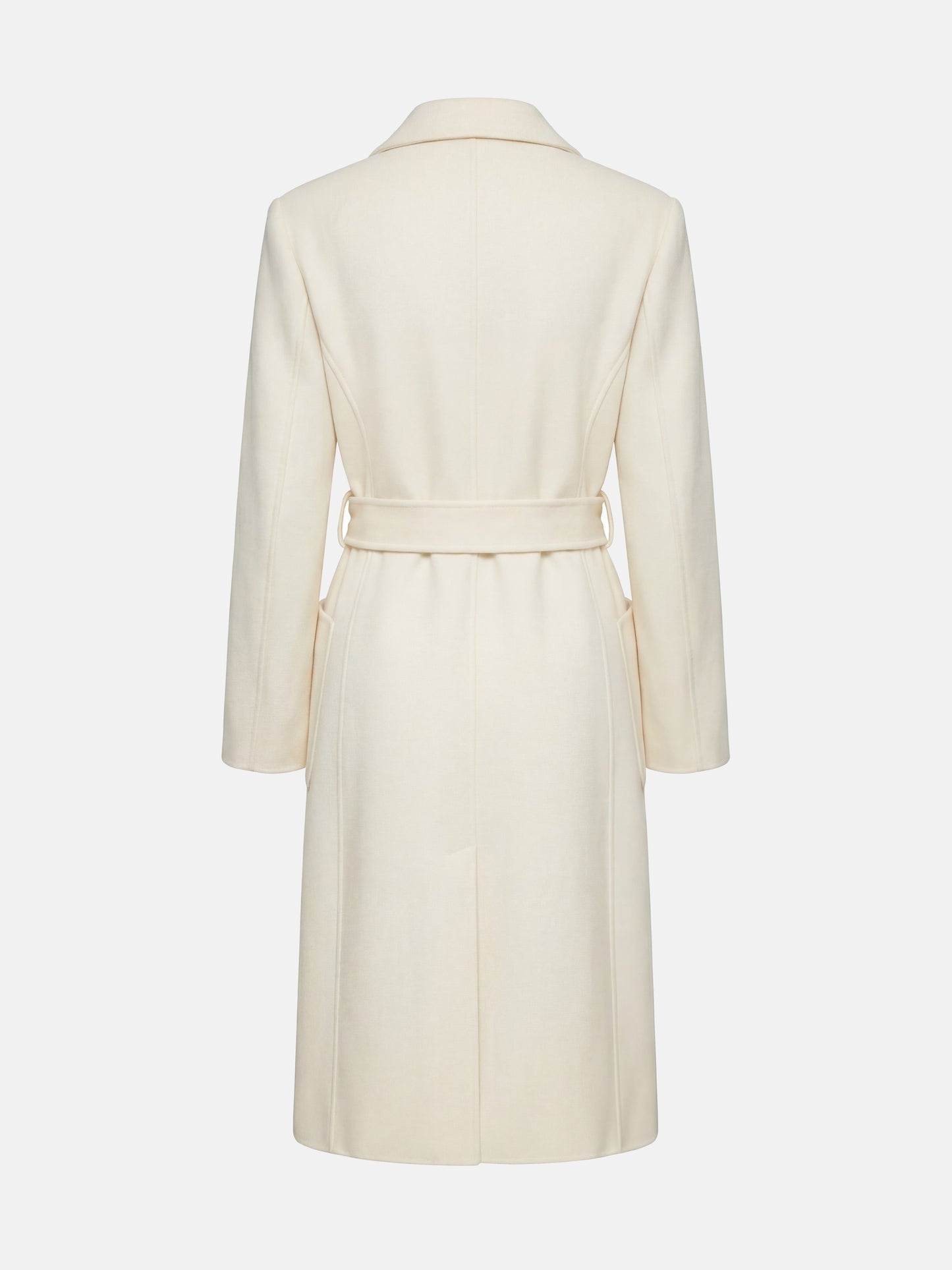 SELVANE Belted Double-Breasted Cashmere Coat in a long, clean silhouette with sharp peak lapels and self-belt.
