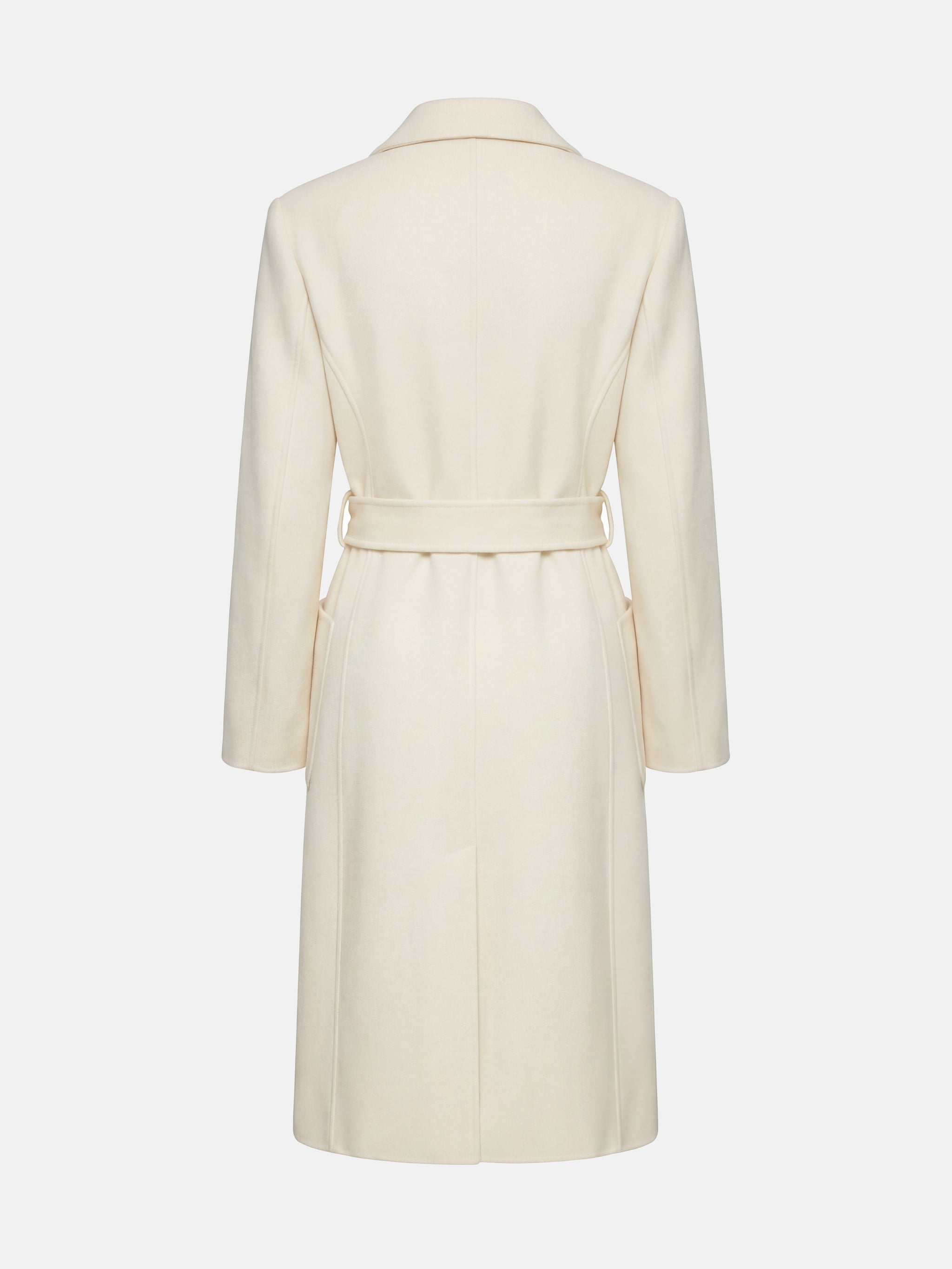 SELVANE Belted Double-Breasted Cashmere Coat in a long, clean silhouette with sharp peak lapels and self-belt.