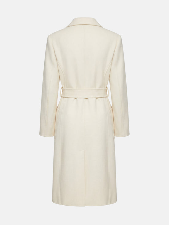 SELVANE Belted Double-Breasted Cashmere Coat in a long, clean silhouette with sharp peak lapels and self-belt.