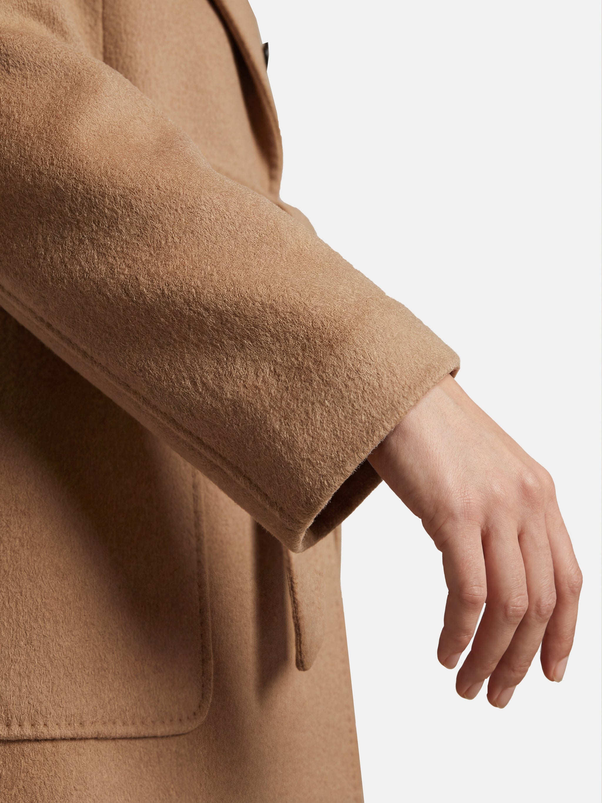 SELVANE Belted Double-Breasted Cashmere Coat in a long, clean silhouette with sharp peak lapels and self-belt.