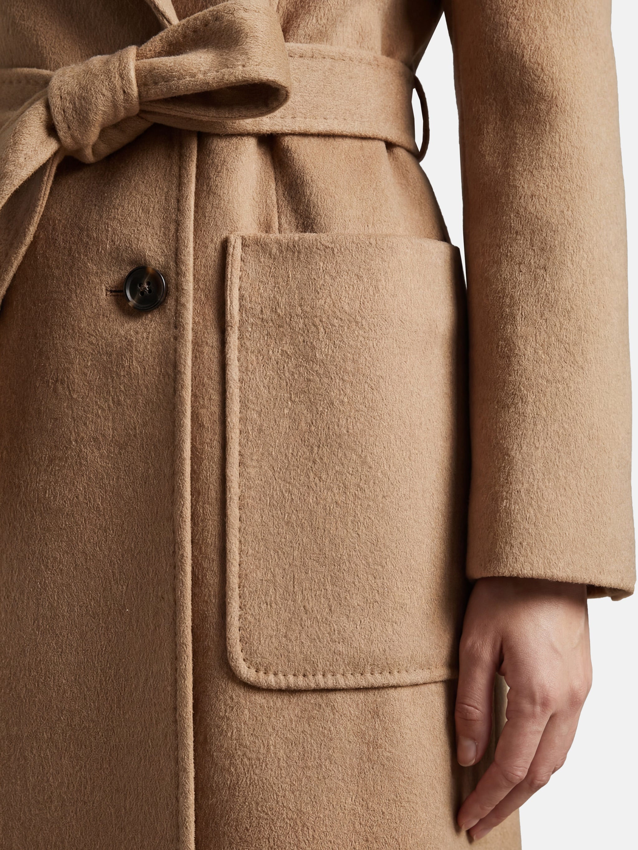 SELVANE Belted Double-Breasted Cashmere Coat in a long, clean silhouette with sharp peak lapels and self-belt.