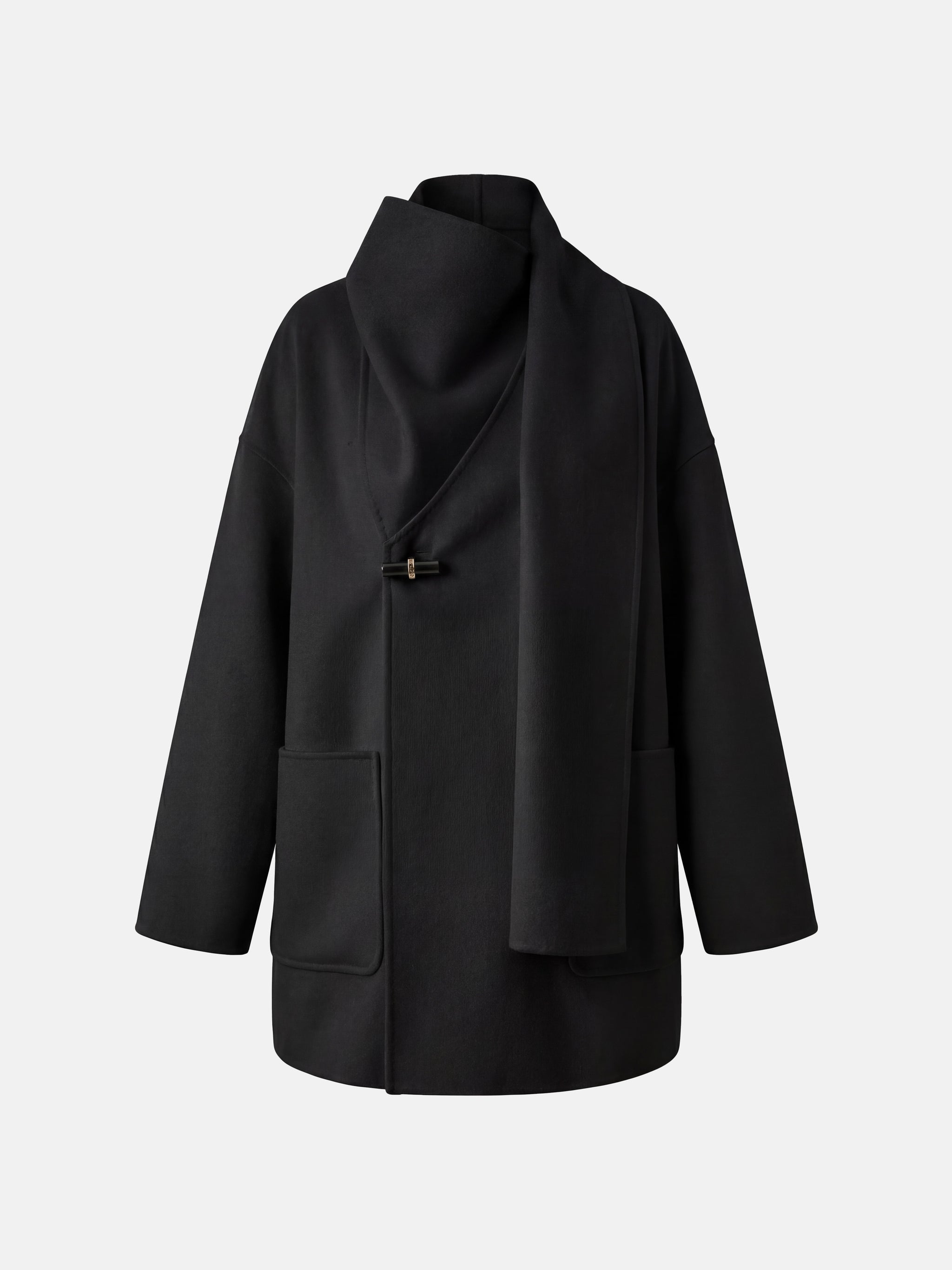 SELVANE Wrap-Scarf Cashmere Coat in a relaxed, cocooning silhouette with sculpted funnel neck and integrated diagonal wrap-scarf.