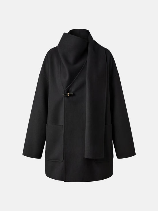 SELVANE Wrap-Scarf Cashmere Coat in a relaxed, cocooning silhouette with sculpted funnel neck and integrated diagonal wrap-scarf.