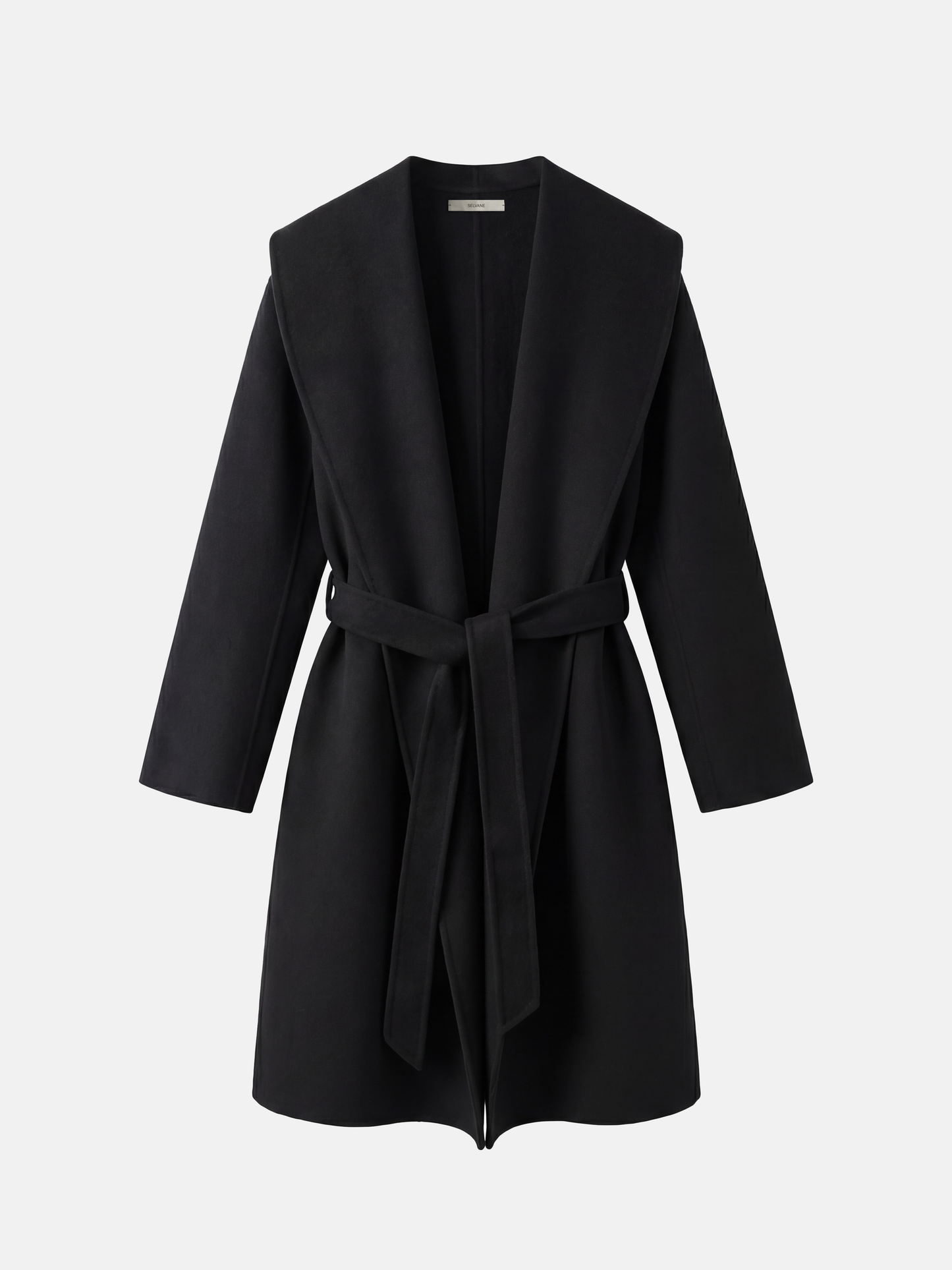 SELVANE mid-length wrap coat in quiet camel pure cashmere, with exaggerated shawl collar and long belt, for elegant motion.