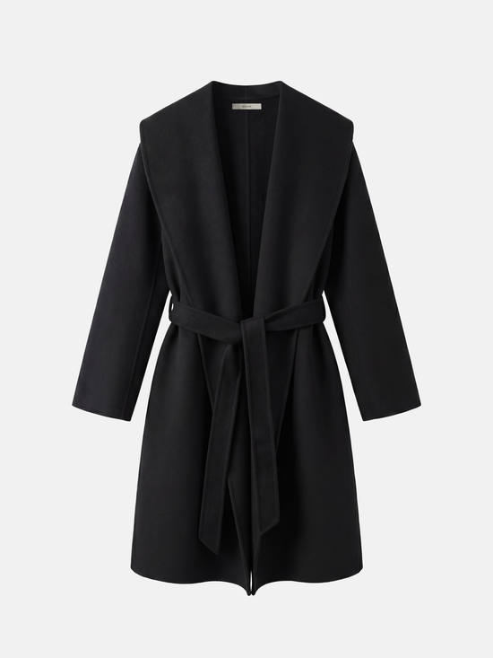 SELVANE mid-length wrap coat in quiet camel pure cashmere, with exaggerated shawl collar and long belt, for elegant motion.