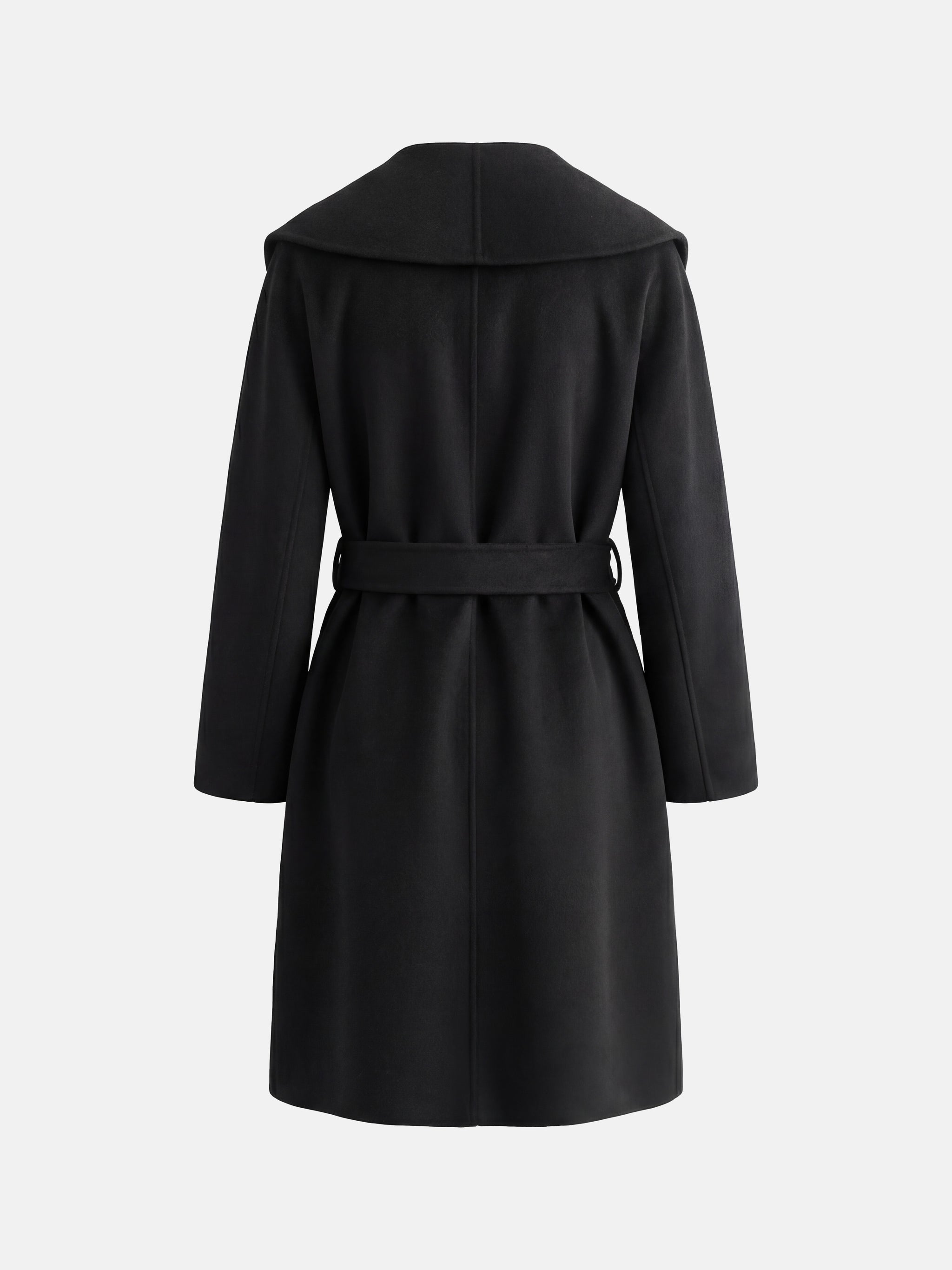 SELVANE mid-length wrap coat in quiet camel pure cashmere, with exaggerated shawl collar and long belt, for elegant motion.