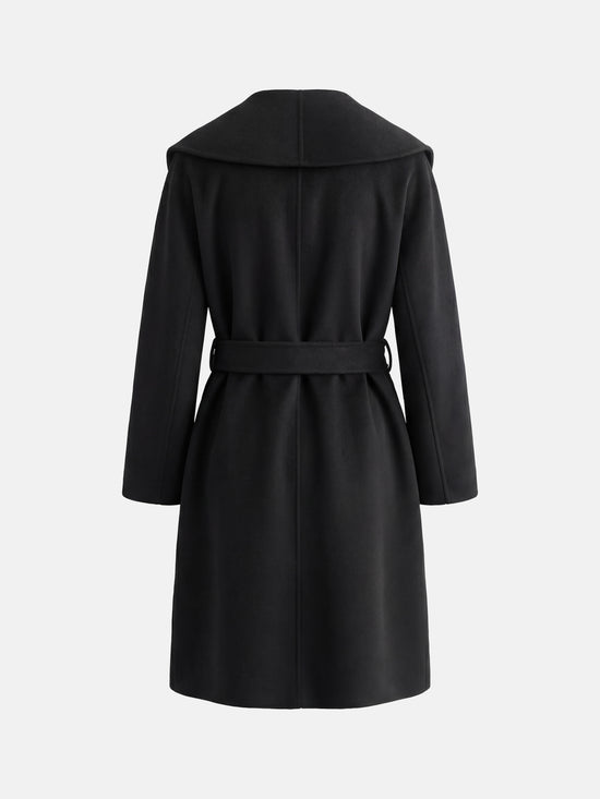 SELVANE mid-length wrap coat in quiet camel pure cashmere, with exaggerated shawl collar and long belt, for elegant motion.