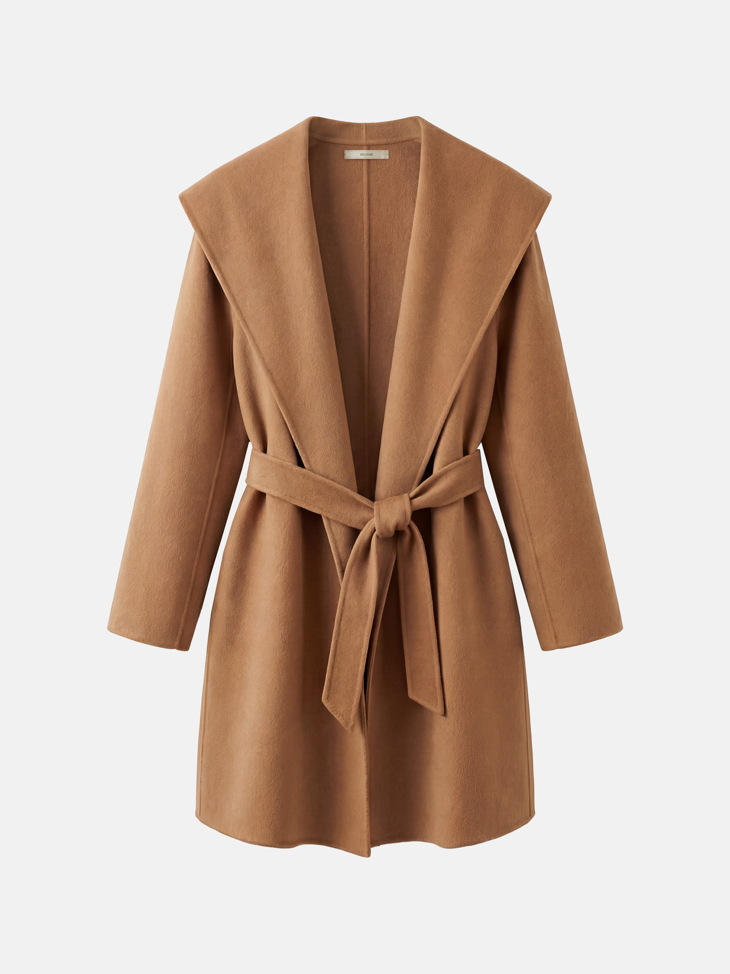 SELVANE mid-length wrap coat in quiet camel pure cashmere, with exaggerated shawl collar and long belt, for elegant motion.