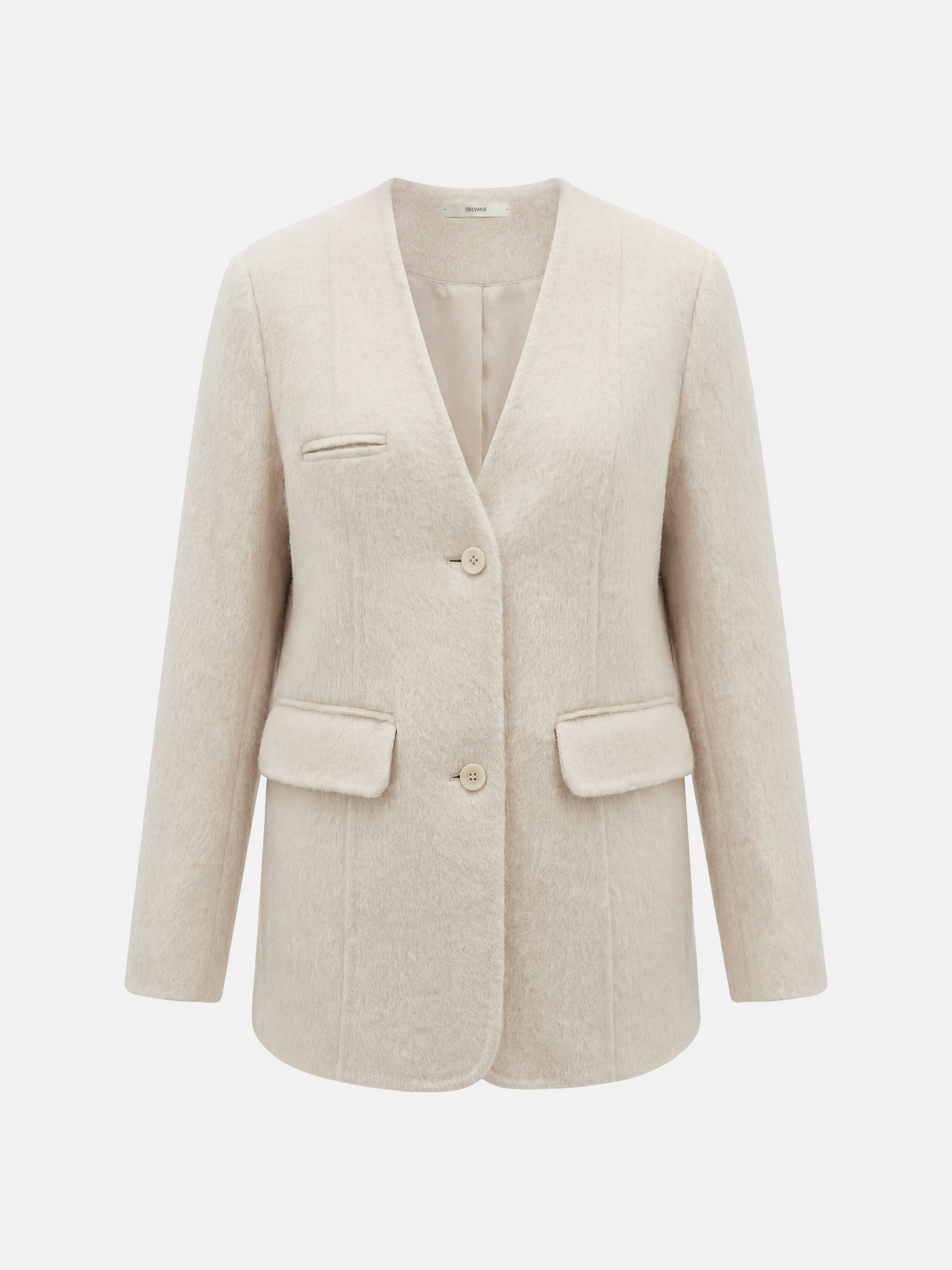 SELVANE Minimalist V-neck suit jacket, alpaca-superfine wool blend, collarless, clean V-neck, softened shoulders, composed elegance.