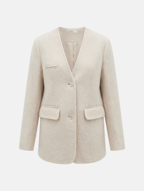 SELVANE Minimalist V-neck suit jacket, alpaca-superfine wool blend, collarless, clean V-neck, softened shoulders, composed elegance.