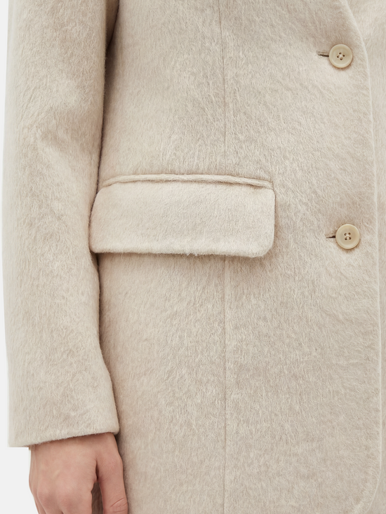 SELVANE Minimalist V-neck suit jacket, alpaca-superfine wool blend, collarless, clean V-neck, softened shoulders, composed elegance.