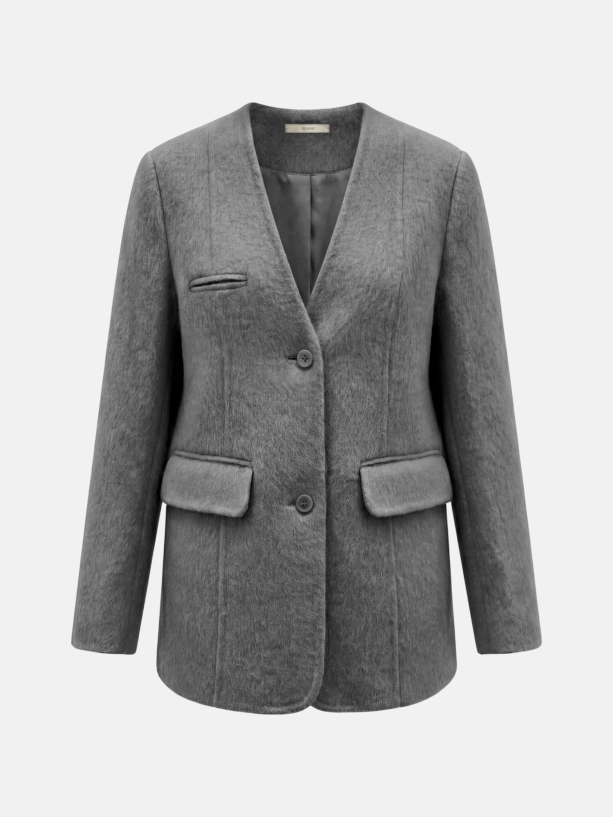 SELVANE Minimalist V-neck suit jacket, alpaca-superfine wool blend, collarless, clean V-neck, softened shoulders, composed elegance.