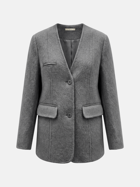 SELVANE Minimalist V-neck suit jacket, alpaca-superfine wool blend, collarless, clean V-neck, softened shoulders, composed elegance.