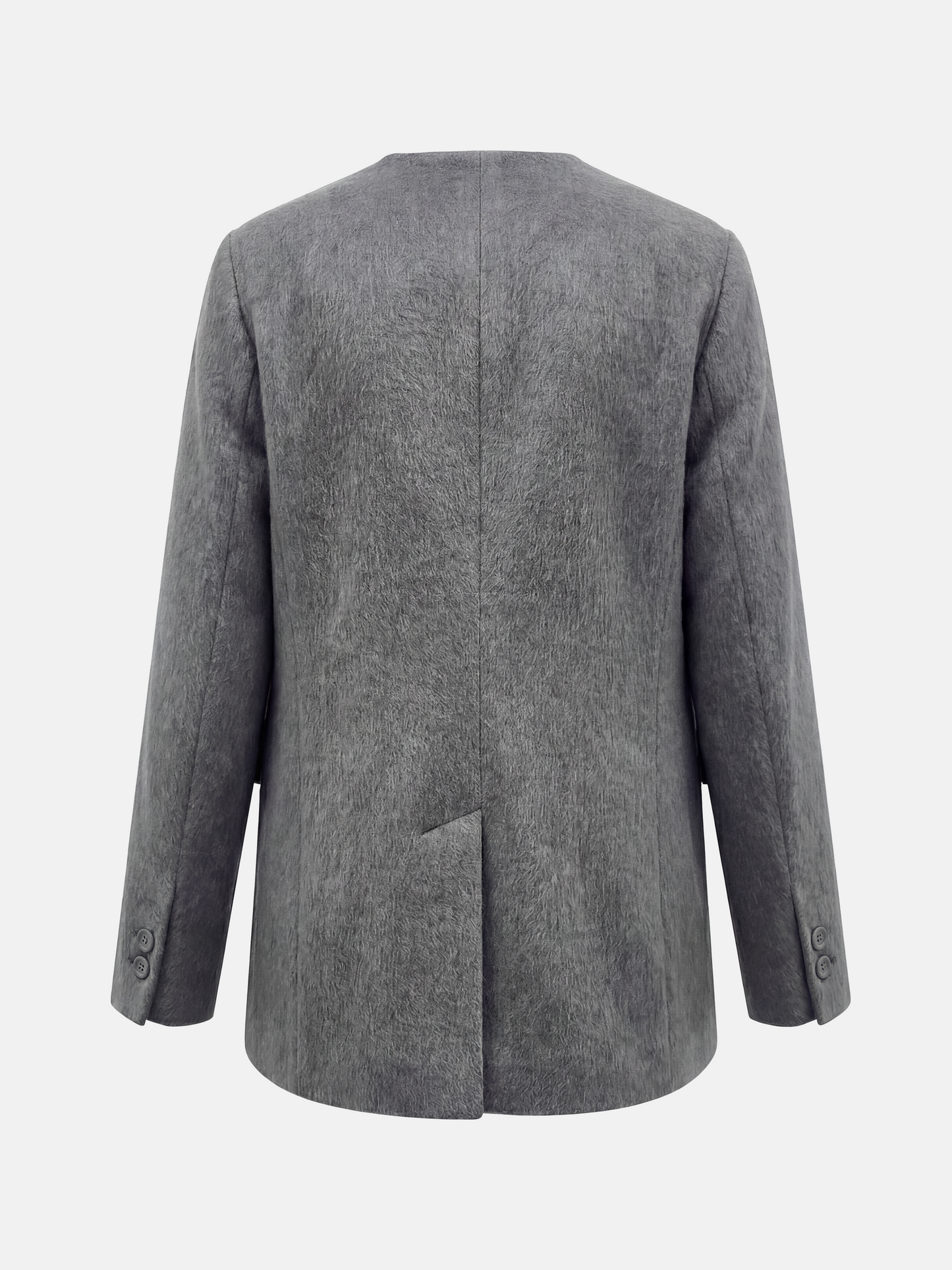 SELVANE Minimalist V-neck suit jacket, alpaca-superfine wool blend, collarless, clean V-neck, softened shoulders, composed elegance.