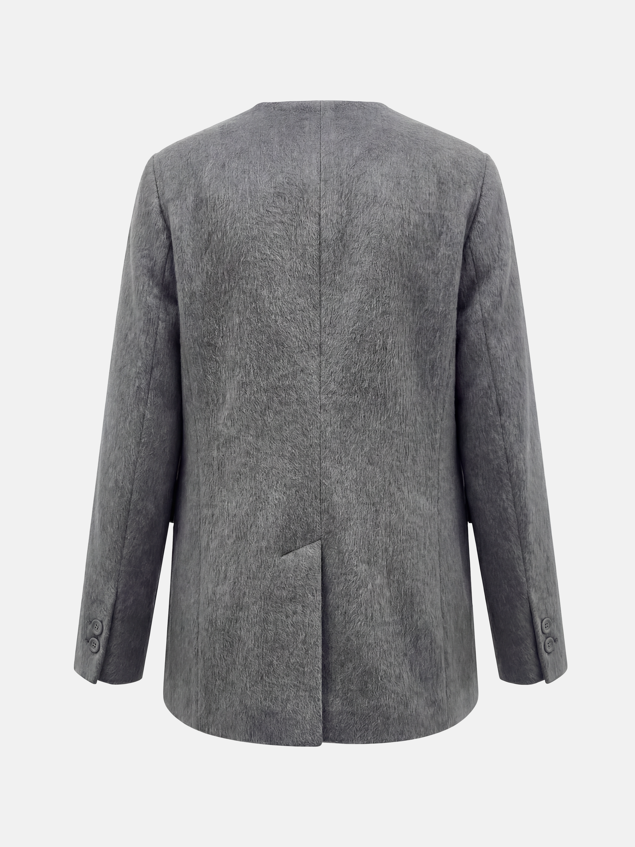 SELVANE Minimalist V-neck suit jacket, alpaca-superfine wool blend, collarless, clean V-neck, softened shoulders, composed elegance.
