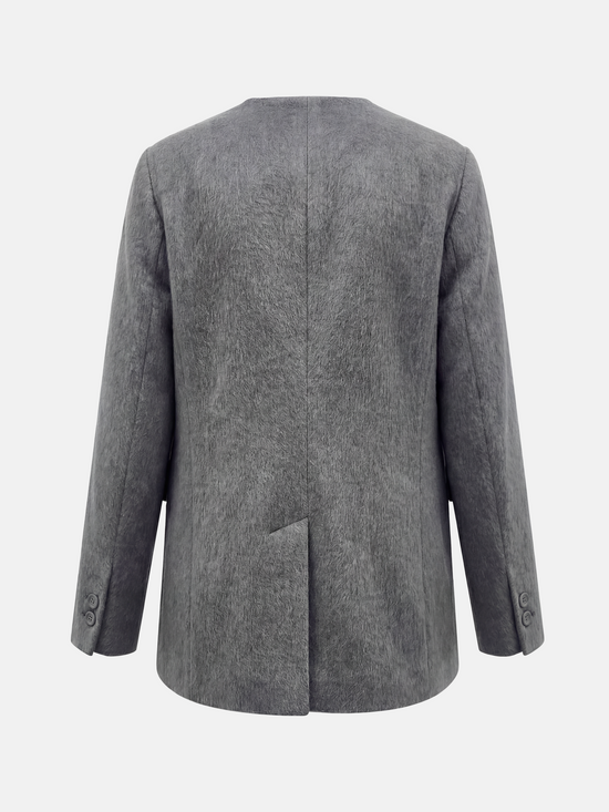 SELVANE Minimalist V-neck suit jacket, alpaca-superfine wool blend, collarless, clean V-neck, softened shoulders, composed elegance.